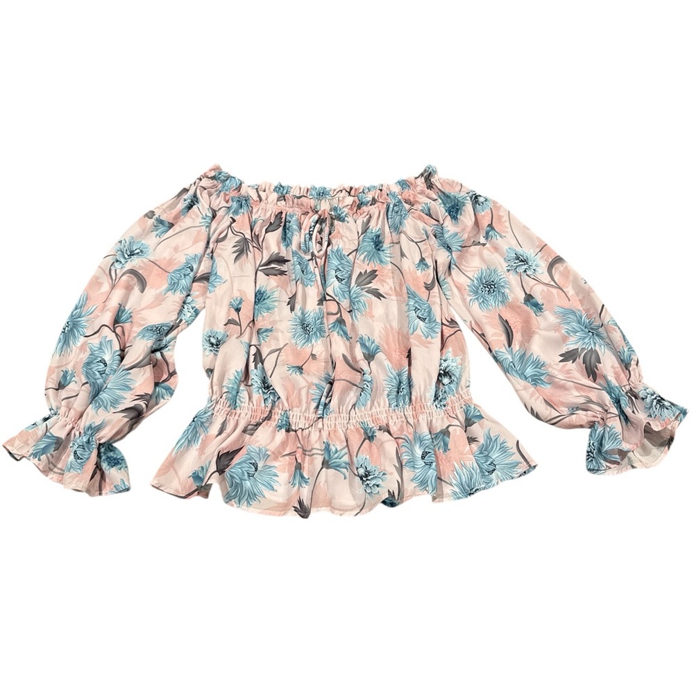 Floral Off-Shoulder Bohemian Blouse, NWOT, Size-M, Color-Pink/Blue